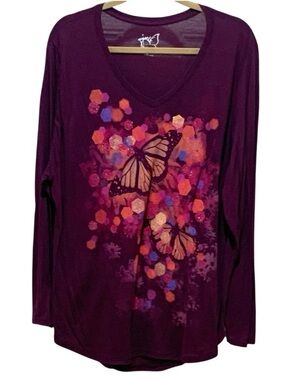 TOP Just My Size Plum V-Neck Long Sleeve Top with Butterfly Graphic Tee 3X